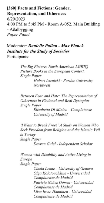 Screenshot from the CES conference program of panel “facts and fictions: gender, representation, and otherness”