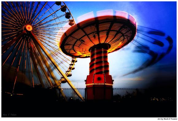Digital Art based on a photograph from Navy Pier in Chicago. Swings in  long exposure motion with the Ferris wheel in the background against dusk blue skies.