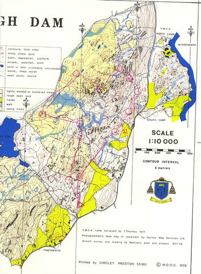 A four colour (yellow, blue,brown,black) orienteering map