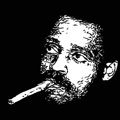 Pen drawing of Melvin Van Peebles smoking a cigar drawn on a black background.