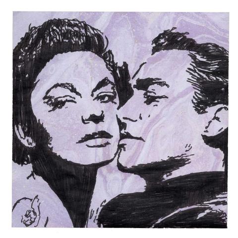 Pen drawing of Richard Todd and Ruth Roman drawn on a marble Post-It note.