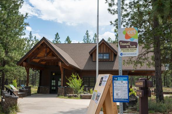 Cascades East Transit's Transit to Trails bus stop on Century Drive outside Bend. The Cascade Lakes Welcome Center stop is pictured.