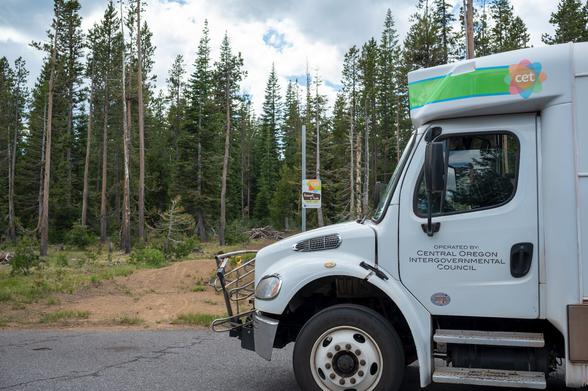 Cascades East Transit's Transit to Trails bus stop on Century Drive outside Bend. A bus at the Swampy Lakes stop is pictured.