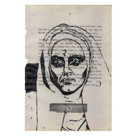 Pen drawing of a ghost-like nun drawn on a torn-out book page.