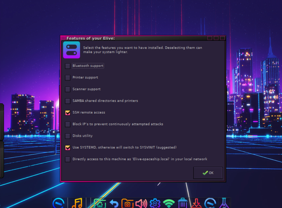 A screenshot showing a dialog with the option to check or uncheck usage of systemd versus SysVinit.