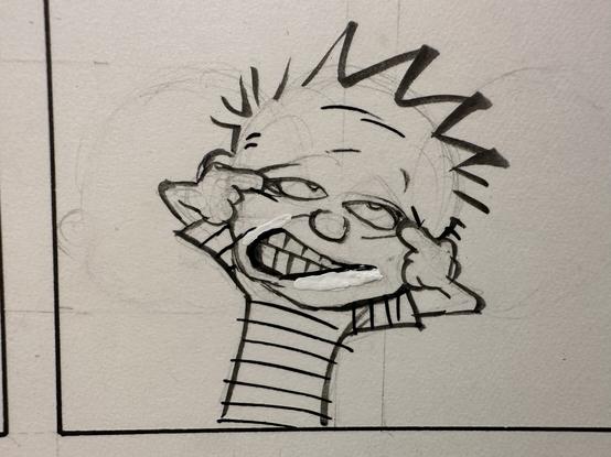 Close-up photo of Calvin and Hobbes panel with Calvin making funny faces. Pencil lines and Wite-Out are visible under and over the final inked lines.