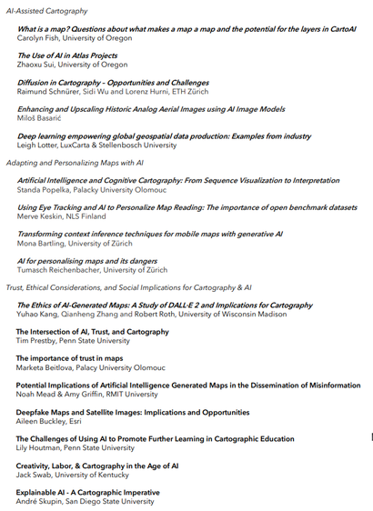 a long list of talks on the agenda of the first workshop on AI and cartography, see linked page for details