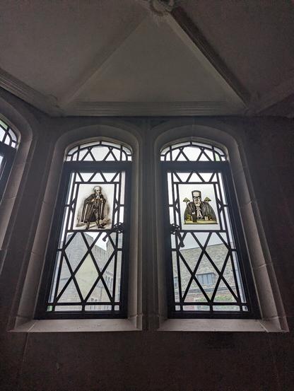 Punch Magazine judicial caricature stained glass windows, Yale Law School