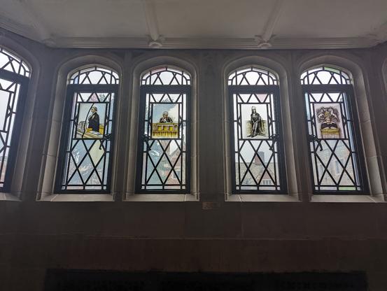 Punch Magazine judicial caricature stained glass windows, Yale Law School