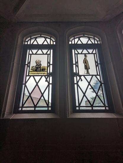 Punch Magazine judicial caricature stained glass windows, Yale Law School