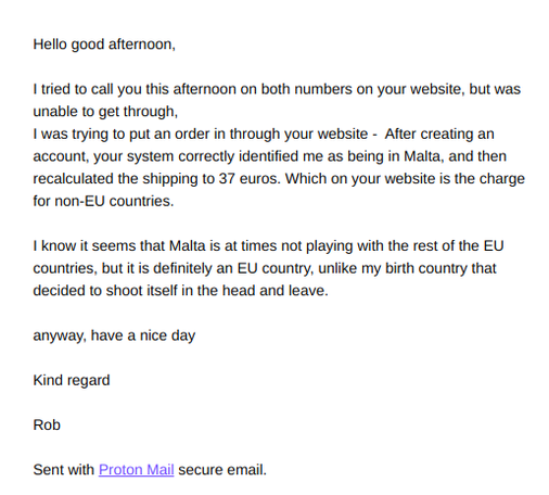 A pithy email to an components company who are based in the EU but don't seem to know who else is based in the EU