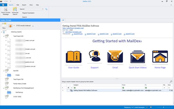 Screen image of MailDex OLM email viewer showing functions displaying a help message in the main viewing pane.