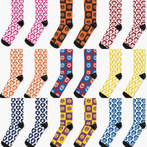 College Mascot Design shows a variety of colorful socks with mascots inside of hearts, many mascots and color combos!