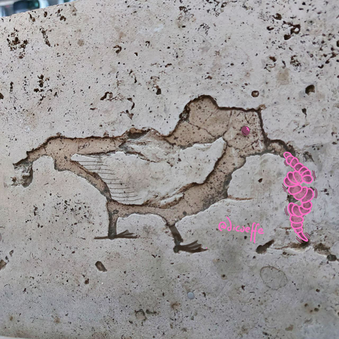The draw of a sparrow over the photo of a Sidewalk