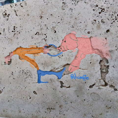The draw of a a slender man bending over backwards pulling something large over the photo of a Sidewalk
