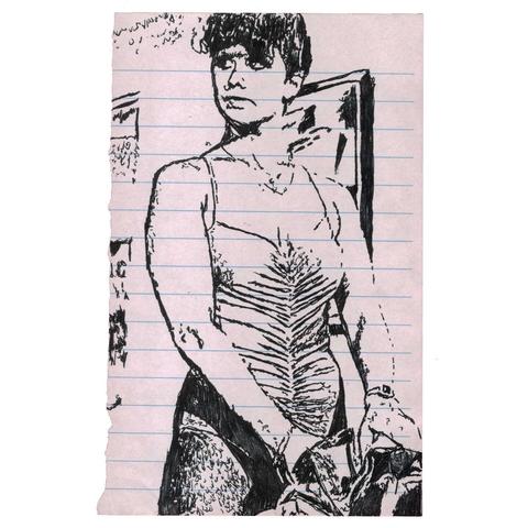 Pen drawing of Linda Blair packing up roller skates drawn on a torn-out notebook.