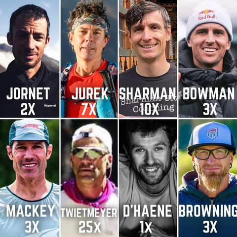 Jornet 2x, Jurek 7x, Sharman 10x, Bowman 3x, Mackey 3x, Twietmeyer 25x, D'Haene 1x, Browning 3x