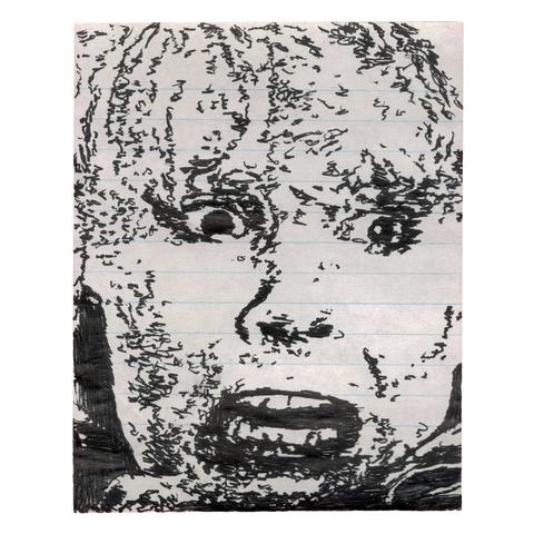 Pen drawing of a woman with blonde hair looking very scared drawn on a torn notebook page.