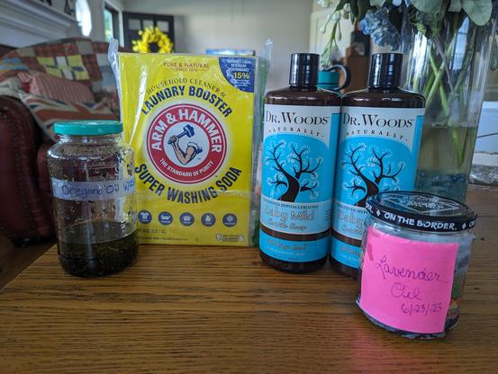 Photo showing a box of washing soda, two bottles of liquid Castile soap, a glass jar marked with "oregano oil," and another jar marked with "lavender oil"