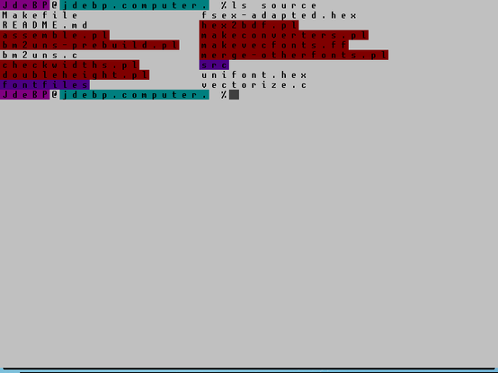 A screen dump of a virtual terminal showing a couple of coloured shell prompts and the output of the ls command, on a white background.  The font is Ubuntu Mono.