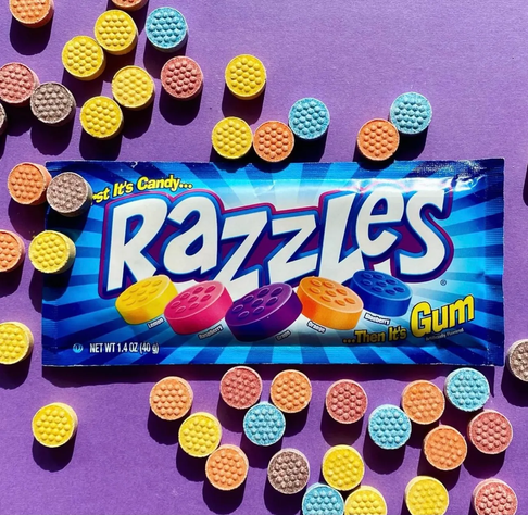 A package of Razzles: first it's a candy, then it's a gum.