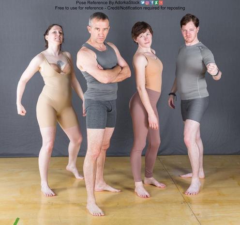 Four people standing in confident, tough people poses. The first has her chest puffed out and arms in fists on either side. The second has his arms crossed over his chest. The third has their back arched a bit, and the last has a fist towards the camera.