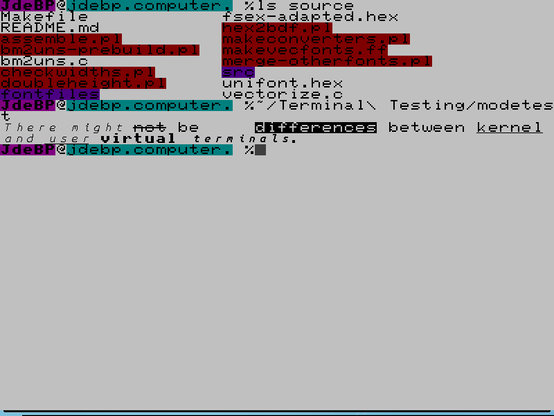 A screen dump of a virtual terminal showing a couple of coloured shell prompts and the output of the ls command, on a white background.  The fonts are a mixture of BBC Micro, PET, and Ubuntu Mono.