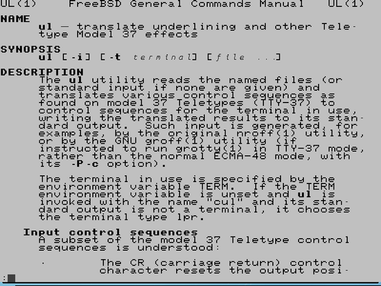 A screen dump of a virtual terminal showing the manual page for the "ul" command, in black text on a white background.  The fonts are a mixture of BBC Micro, PET, and Ubuntu Mono.