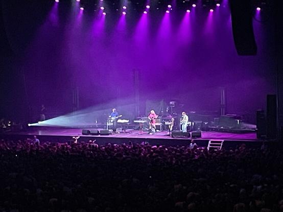 Met paars licht belicht podium met 3 muzikanten er op (Pip Blom)