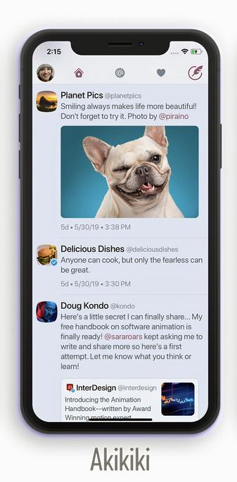 iPhone screenshot of Twitterrific Twitter app with a custom theme called Akikiki by the Icon Factory. Featuring Alice Blue (light greyish blue) for the background, Rose Dust (mostly desaturated dark pink) for the accent and link colours.