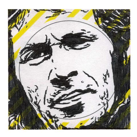Pen drawing of H.B. Halicki looking stern drawn on a yellow striped Post-It Note.