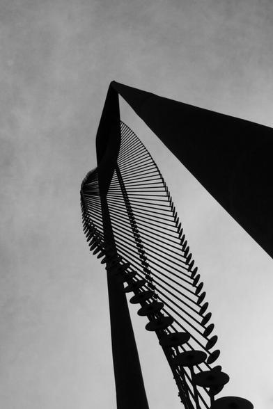A black and white photograph of a tall, outdoor sculpture shot from below looking upward at the sky. The photograph is exposed for the sky, causing the sculpture it appear in silhouette against the lighter sky

The sculpture itself, invoking the DNA helix, is a framework with two legs descending to the ground, with metal bars ending in discs  suspended, ladderlike, upward in a gradual curve.