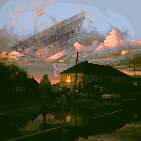 Pixel art illustration. A person and their dog are walking along a small-town feeling street.

The sky is in sunset with voluminous pink clouds on a darkening cyan. An enormous satellite dish takes up about a third of the sky, in the same pastel colors.

The ground, nearby buildings and a copse of trees are all in shadow, rendered with more blocky strokes in dark greens.

The red-orange glow of the sun reflects in a building window. The street is wet and reflects the light.