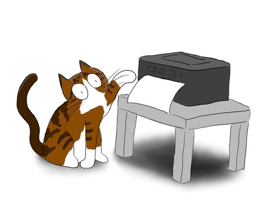 A cartoon of a white and tabby cat hitting a piece of paper that is coming out of a printer.