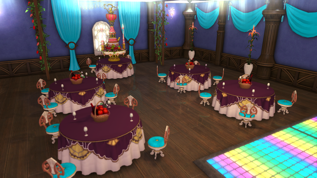 The seating area at the reception following Joan and Geras Stormwolf's  bonding ceremony. An eternity cake sits atop the bride and groom's table.