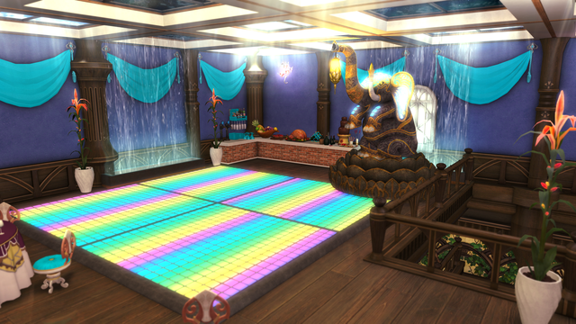 The buffet table and dance floor at the reception following Joan and Geras Stormwolf's  bonding ceremony. There is a glowing matanga in the middle of the room we're not going to talk discuss.