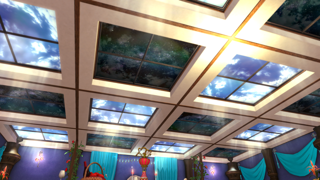 The ceiling at the reception following Joan and Geras Stormwolf's  bonding ceremony. The tiles depicting night and day symbolize a balance between light and dark.