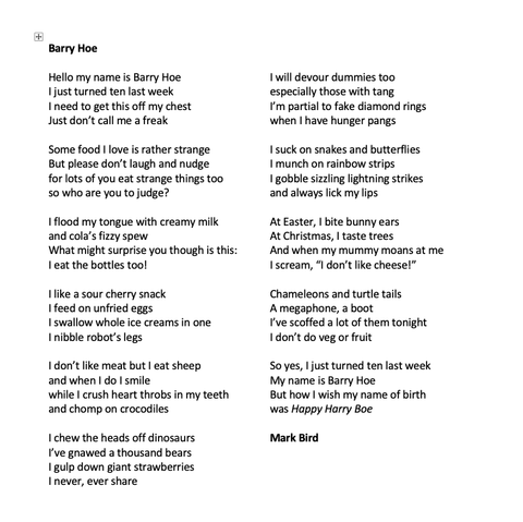 Barry Hoe

Hello my name is Barry Hoe
I just turned ten last week
I need to get this off my chest
Just don’t call me a freak

Some food I love is rather strange
But please don’t laugh and nudge
for lots of you eat strange things too
so who are you to judge?

I flood my tongue with creamy milk
and cola’s fizzy spew
What might surprise you though is this:
I eat the bottles too!

I like a sour cherry snack
I feed on unfried eggs
I swallow whole ice creams in one
I nibble robot’s legs

I don’t like meat but I eat sheep
and when I do I smile
while I crush heart throbs in my teeth
and chomp on crocodiles

I chew the heads off dinosaurs
I’ve gnawed a thousand bears
I gulp down giant strawberries
I never, ever share

I will devour dummies too
especially those with tang
I’m partial to fake diamond rings
when I have hunger pangs

I suck on snakes and butterflies
I munch on rainbow strips 
I gobble sizzling lightning strikes
and always lick my lips

At Easter, I bite bunny ears
At Christmas, I taste trees
And when my mummy moans at me
I scream, “I don’t like cheese!”

Chameleons and turtle tails
A megaphone, a boot
I’ve scoffed a lot of them tonight
I don’t do veg or fruit

So yes, I just turned ten last week
My name is Barry Hoe
But how I wish my name of birth
was Happy Harry Boe

Mark Bird