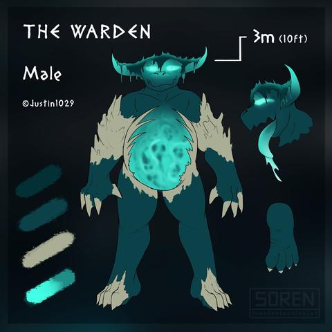 Reference picture of an anthro sculk warden from Minecraft, eyes and belly glowing