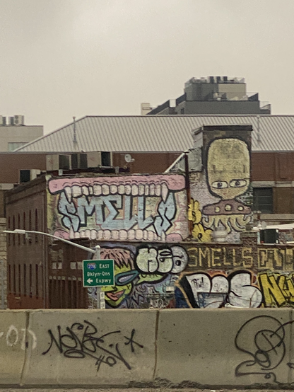 graffiti faded to pastel colors on a building near the bqe highway, including a mouth with teeth around the word SMELLS (second S is that one you drew on your notebook in school) and a big yellow UFO907, plus HUGO GYRL peeking from the bottom