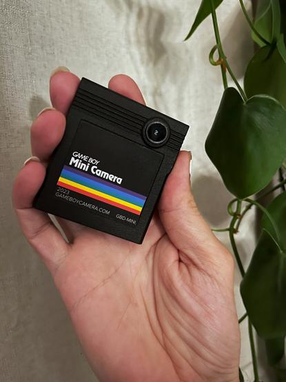 A Game Boy Mini Camera in my hand with a beige background and plant leaves on the right side