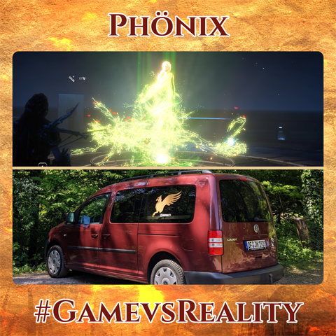 Zwei horizontal getrennte Bilder.
Oben wird die Gestalt einer Frau, umgeben von Blumenranken und grünem Licht, als Hologramm in den Raum projiziert.
Unten steht ein Volkswagen Caddy in lavarot-metallic, fotografiert von schräg hinten links. An den dunkel getönten Seitenscheiben ist ein goldenes Greifenlogo zu sehen. Der Wagen steht auf einer Kiesparkfläche im Wald.