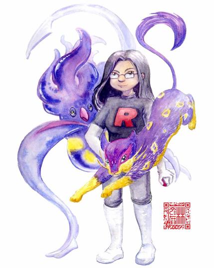 Watercolour painting of a character wearing a Team Rocket uniform and holding a Pokéball, with a neutral to stern look on their face. Behind them, a squid Pokemon, Malamar, is leaping with its tentacles flying across the page while a serval-like Pokemon, Liepard jumps towards the viewer in the foreground.