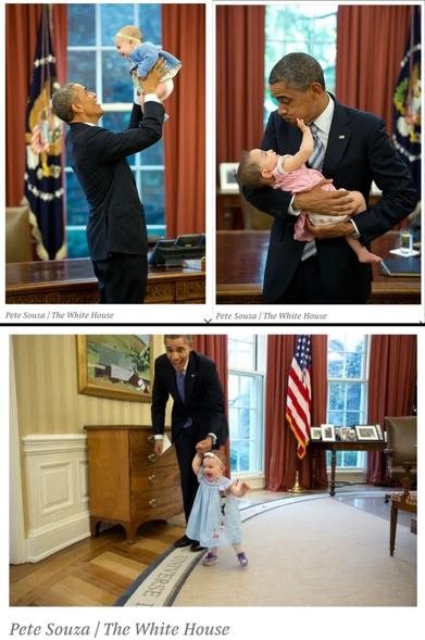 Three images of a smiling Pres. Obama in the Oval Office with three different adorable smiling babies and toddlers. One image he is holding the baby up in the air; the second he is holding the baby in his arms while the child feels his puffed cheek; and the third he is holding a tiny hand and bending over to support an early walker and she toddles around the officewith with HUGE smile of pure JOY on her face.