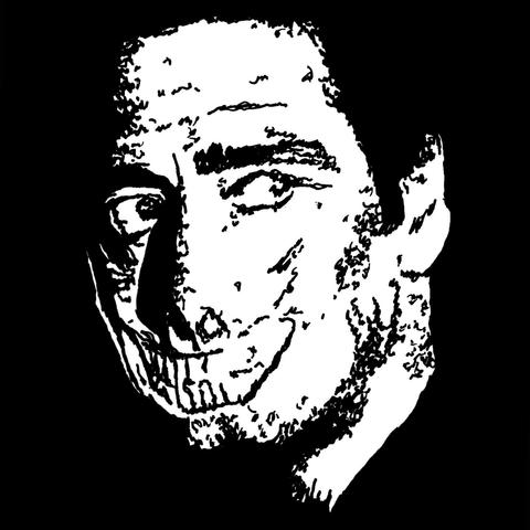 Pen drawing of a monstrous man with a creepy large smile drawn on a black background.