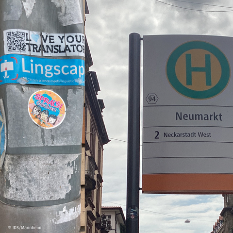 Man sieht im Vordergrund drei Aufkleber auf einem Fallrohr: "Love your translator", "Lingscape", "Sprach-Checker", rechts daneben ist das Haltestellenschild "Neumarkt, 2 Neckarstadt West" zu sehen.