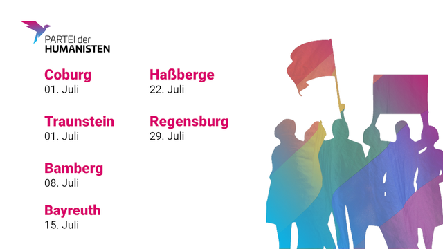 Anstehende Termine von CSDs in Bayern an denen die Partei der Humanisten teilnimmt.