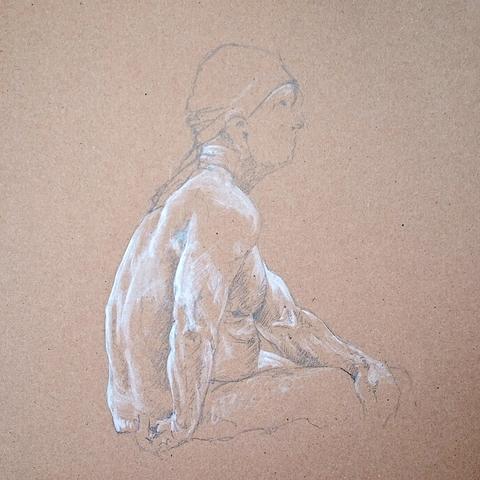 pencil and white paint study of a nude figure