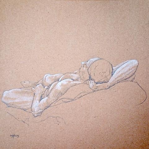 pencil and white paint study of a nude figure