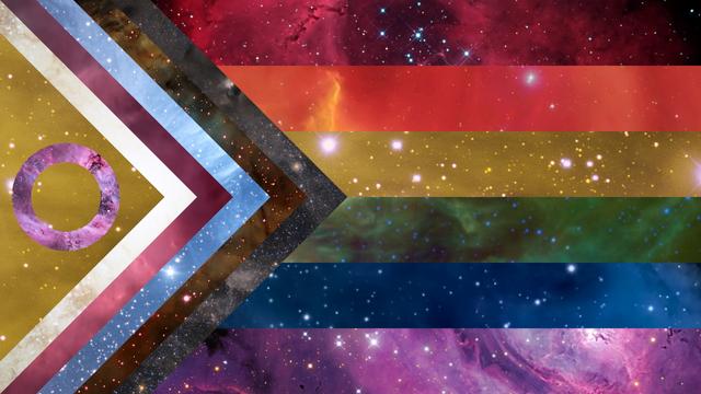 Modern progress pride flag made from astronomical photos:
6 stripes stacked (red, orange, yellow, green, blue, purple); purple, hollow circle on yellow, isosceles right triangle pointing right; inbetween, chevrons in white, pink, light blue, brown and black